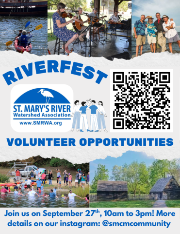 Event poster for Riverfest by St. Mary’s River Watershed Association featuring volunteer opportunities, a QR code, event date, and photos of activities and attendees.