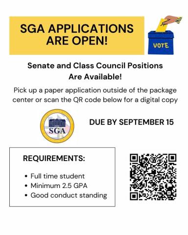 Flyer announcing SGA applications are open, with deadline September 15; includes requirements, SGA logo, QR code, and illustration of a hand placing a vote in a ballot box.