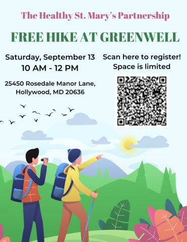Flyer for a free hike at Greenwell on Saturday, September 13 from 10 AM to 12 p.m. in Hollywood, MD, with a QR code for registration and an illustration of two hikers.