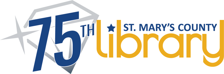Logo for St. Mary’s County Library’s 75th anniversary, featuring a large “75th” and stylized text reading “St. Mary’s County Library.”.