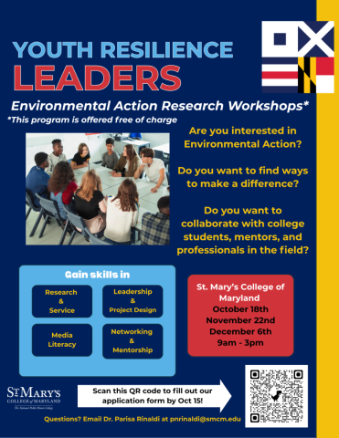 A flyer for Youth Resilience Leaders Environmental Action Research Workshops at St. Mary’s College of Maryland, listing event dates, times, skills gained, and a QR code for registration.