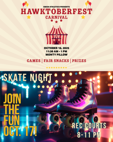 A poster featuring two events: Hawktoberfest Carnival on October 16, 2025, with games and snacks, and Skate Night on October 17, 8-11 PM, showing roller skates on a rink.