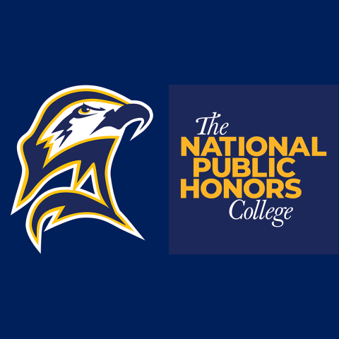 A stylized hawk logo is shown next to text reading "The National Public Honors College" on a dark blue background.