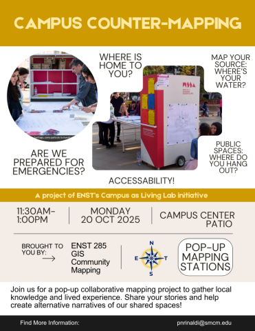 A poster invites students to a campus counter-mapping event with pop-up mapping stations on October 20, 2025, at the campus center patio from 11:30 AM to 1:00 PM.