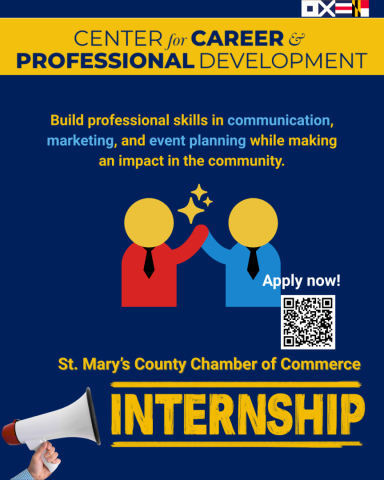 Center for Career & Professional Development internship ad with two figures high-fiving, QR code, and a megaphone; St. Mary's County Chamber of Commerce is offering the opportunity.