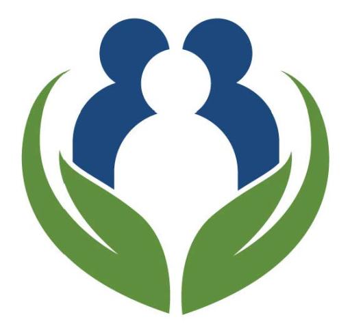 A graphic of three abstract human figures in blue and white, surrounded by two green leaf shapes forming a partial circle around them.