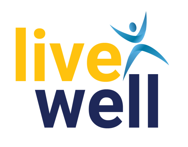 The image shows the words "live well" in bold yellow and navy blue letters, with a blue abstract human figure formed above the "w.