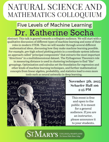 Flyer for a talk titled "Five Levels of Machine Learning" by Dr. Katherine Socha, scheduled for November 5th, 2025, 4:15 PM, at St. Mary's College of Maryland.