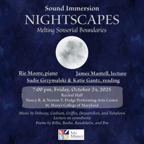 Event flyer for "Nightscapes: Melting Sensorial Boundaries" featuring piano, lecture, and reading, on October 24, 2025, at St. Mary's College of Maryland Recital Hall.