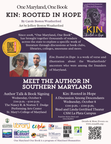 Flyer promoting "Kin: Rooted in Hope" by Carole Boston Weatherford for One Maryland, One Book, with author events and book discussions in Southern Maryland, and event details listed.