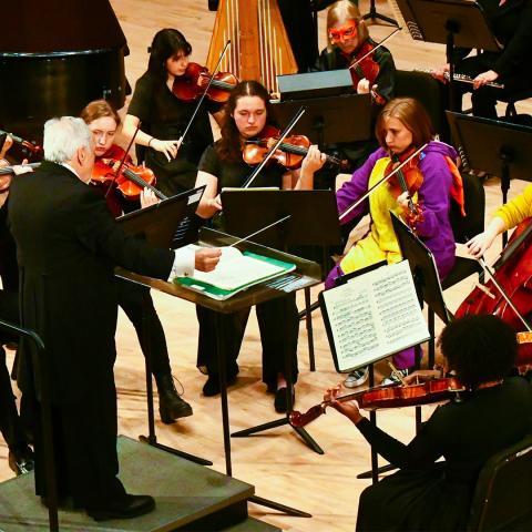 A conductor leads an orchestra of violinists and other musicians during a live performance on stage.