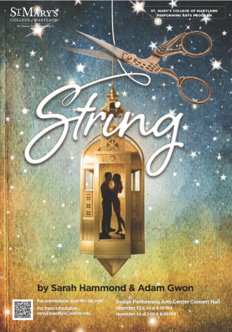 Poster for "String" by Sarah Hammond & Adam Gwon, featuring a lantern with a silhouetted couple inside, large scissors, and event details for St. Mary’s College of Maryland.