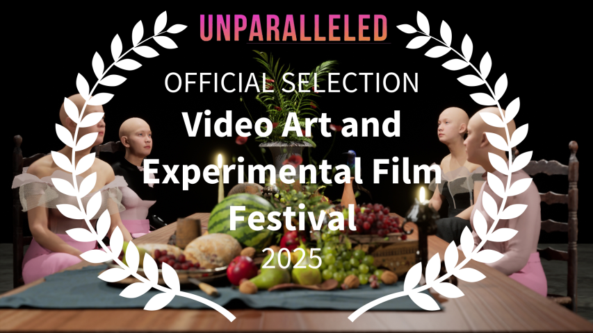 Four mannequins in pastel dresses sit around a table with fruit and candles; overlaid text announces official selection for the 2025 Video Art and Experimental Film Festival.