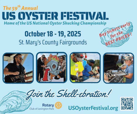 Promotional poster for the 59th Annual US Oyster Festival, October 18-19, 2025, at St. Mary’s County Fairgrounds, with event photos and ticket information.