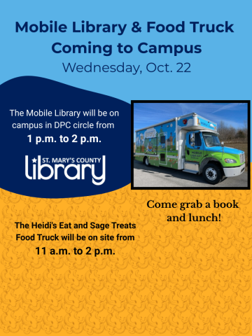 Flyer announcing Mobile Library and Food Truck on campus Oct. 22; food truck on site 11 a.m.–2 p.m., library 1–2 p.m.; includes photo of a library van.