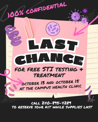 Flyer advertising free STI testing and treatment at a campus health clinic on October 13 and 15, with a phone number to reserve a kit, decorated with virus illustrations and arrows.