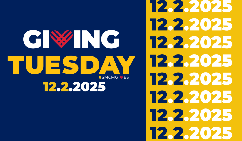 Navy and yellow graphic with "Giving Tuesday" and the date "12.2.2025" repeated multiple times on the right side.
