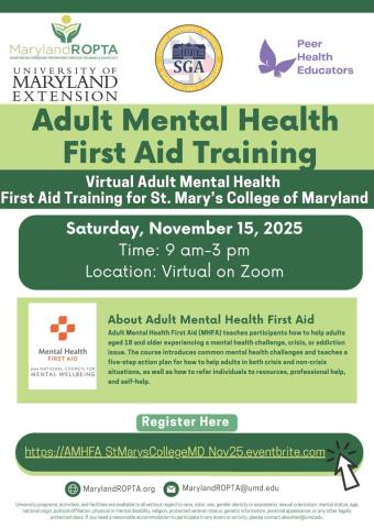 Flyer for an Adult Mental Health First Aid Training on November 15, 2025, via Zoom, hosted by University of Maryland Extension and partners.