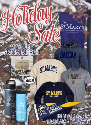 Holiday sale advertisement for St. Mary’s College of Maryland merchandise, featuring clothing, bottles, lanyards, and a pennant with 20% off, in-store only from 12/10/25 to 12/23/25.