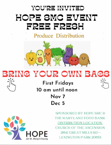Flyer for HOPE SMC produce distribution event, inviting people to bring their own bags for free fresh produce on Nov 7 and Dec 5, 10 am–noon, at 21641 Great Mills Rd, Lexington Park.