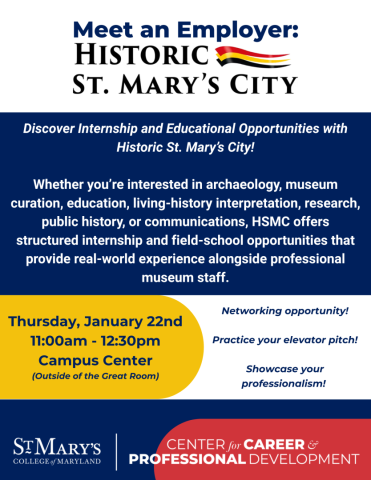 Flyer for a Historic St. Mary's City internship info event on Thursday, January 22nd, 11am–12:30pm at the Campus Center, St. Mary's College of Maryland.