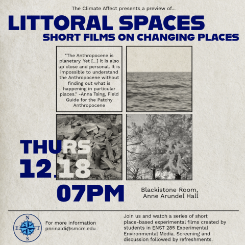 Event poster for "Littoral Spaces: Short Films on Changing Places," screening December 18 at 7pm in the Blackistone Room, St. Mary’s College, featuring student films on environmental change.