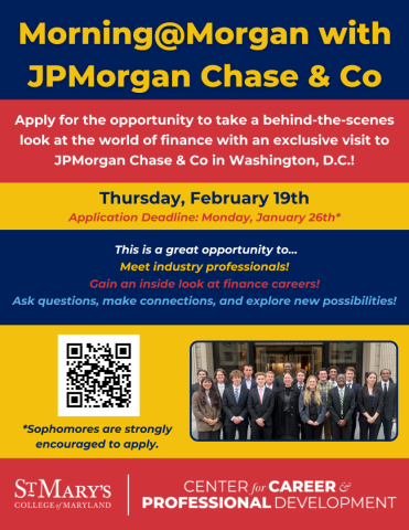 Flyer for “Morning@Morgan with JPMorgan Chase & Co” event on February 19th in Washington, D.C., encouraging students to apply by January 26th for an exclusive finance career experience.