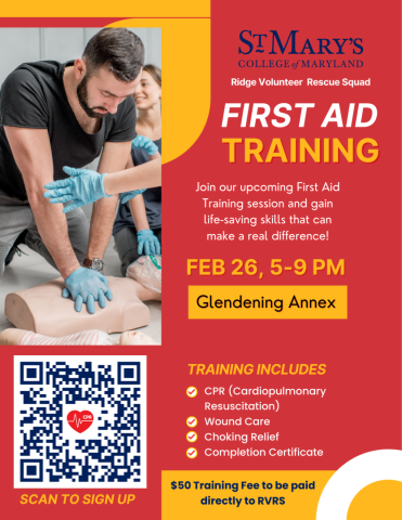 A person practices chest compressions on a CPR mannequin while others observe. Text promotes a First Aid training session at St. Mary’s College, scheduled for Feb 26, 5-9 PM.
