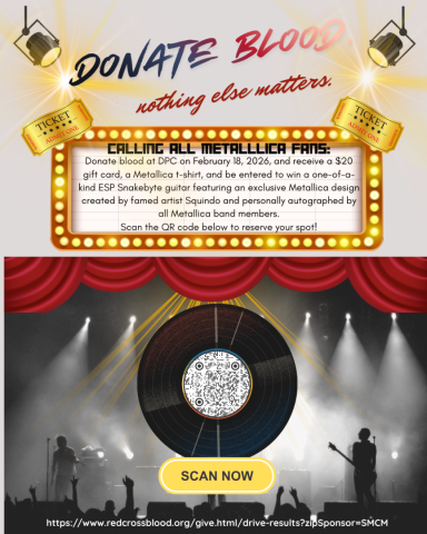 A promotional poster for a Metallica-themed blood drive with event details, prizes, scan-to-register QR code, and a concert stage graphic at the bottom.