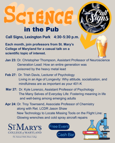 Flyer for "Science in the Pub" at Call Signs, Lexington Park, listing St. Mary's College professors' monthly science talks from Jan-Apr 2024; free event with cash bar.