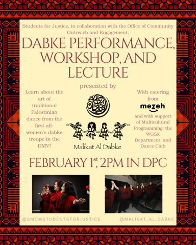 Flyer for a Dabke performance, workshop, and lecture presented by Malikat Al Dabke on February 1st at 2pm, featuring art, food from Mezeh, and event details.