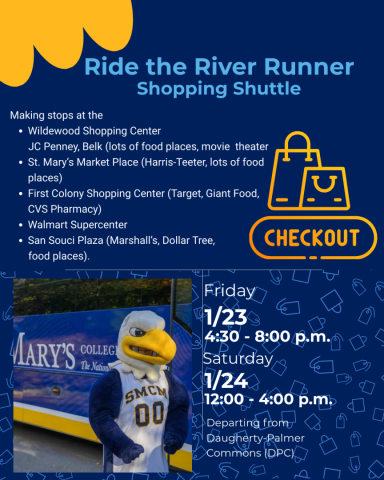 Ride the River Runner Shopping Shuttle flyer listing stops, dates, and times, with a mascot photo and yellow graphics of a shopping bag and checkout button.
