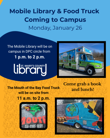 Flyer announces Mobile Library and Mouth of the Bay Food Truck visit to campus on January 26, with event times and images of both vehicles.