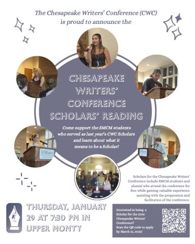 Flyer for the Chesapeake Writers’ Conference Scholars’ Reading event on Thursday, January 29 at 7:30 PM in Upper Monty, featuring photos of students speaking at a podium.