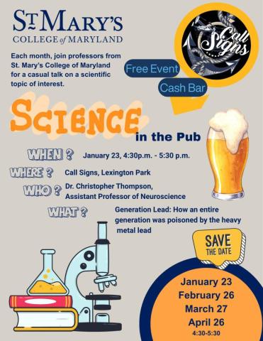 Event flyer for "Science in the Pub" featuring a talk on neuroscience at Call Signs, Lexington Park, January 23, 4:30-5:30 p.m., hosted by St. Mary's College of Maryland.