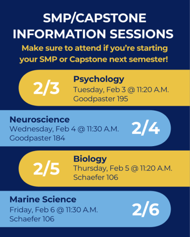 Informational flyer listing SMP/Capstone info sessions for Psychology, Neuroscience, Biology, and Marine Science on February 3-6 with times and locations included.