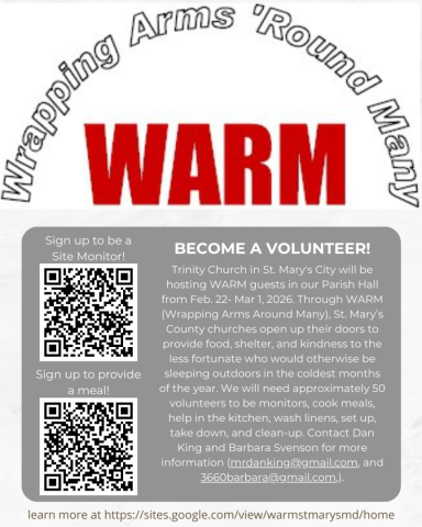 Flyer for WARM (Wrapping Arms 'Round Many) volunteer recruitment, with event details, QR codes to sign up or provide a meal, and contact information for Dan King and Barbara Stevenson.