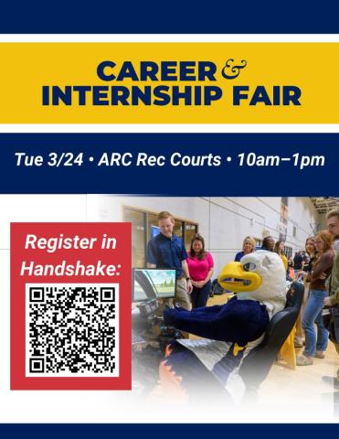 People stand around Solomon the Seahawk seated at a flight simulatory during a career and internship fair event. The flyer states "Career and Internship Fair, Tuesday 3/24, ARC Rec Courts, 10am-1pm. Register in Handshake." A QR code for registration is shown on the left.