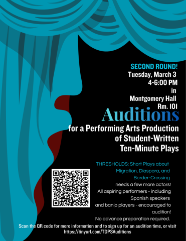 Poster announcing auditions for student-written ten-minute plays, with details on date, time, location, and a QR code for more information; encourages diverse performers to audition.