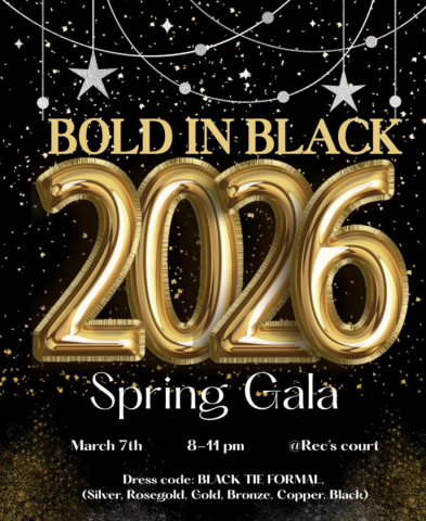 Bold gold "2026" balloons with "Bold in Black Spring Gala" details, including date, time, location, and black tie dress code, on a black background with hanging stars.