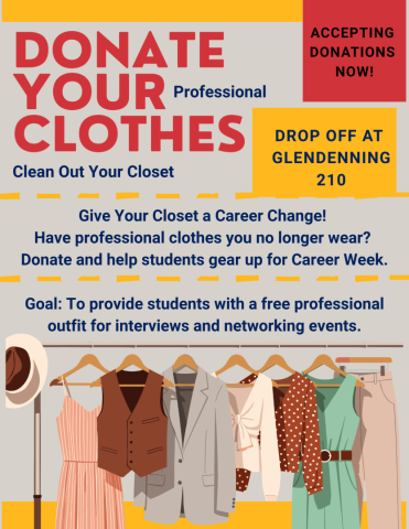 Flyer for a professional clothing donation drive, with details for drop-off at Glendenning 210. Illustration of business attire hanging on a rack.