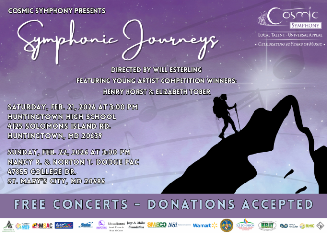 Symphonic Journeys concert poster with event details, dates, locations, featured artists, and note of free concerts with donations accepted.