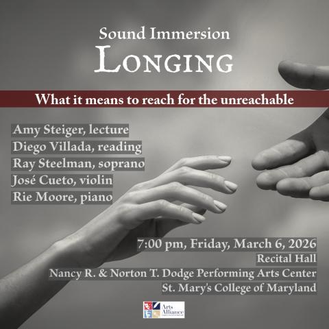 Event poster for "Sound Immersion: Longing" with details on date, time, location, performers, and an image of one hand reaching for another.