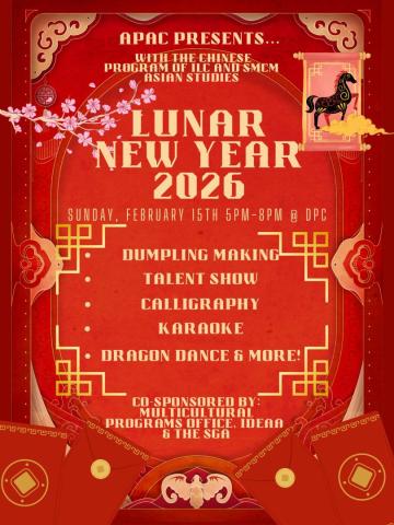 A red poster advertises a Lunar New Year 2026 event with details on activities like dumpling making, talent show, calligraphy, and more, hosted by APAC and co-sponsors.