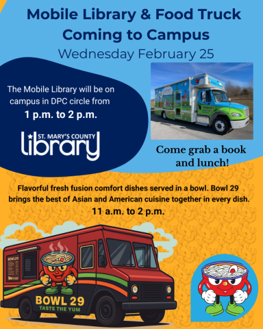 Flyer announcing a Mobile Library and Bowl 29 food truck event on campus, with event details, library and food truck images, and descriptions of offerings.