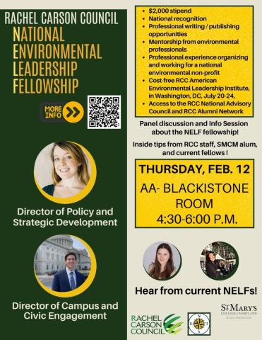  Rachel Carson Council National Environmental Leadership Fellowship with program details, event date and time, and contact info on a yellow and green background.