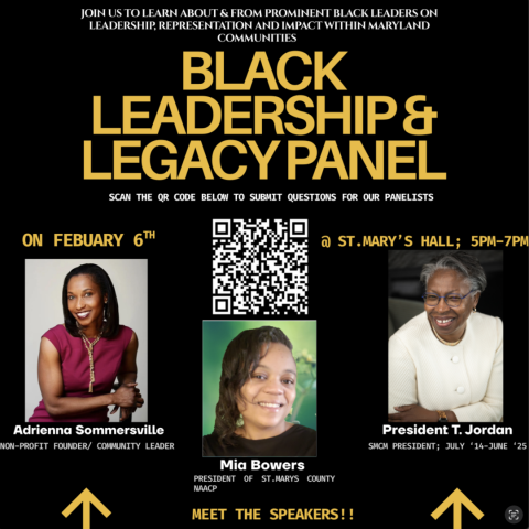Black Leadership & Legacy Panel event flyer with photos and names of speakers Adrienna Sommersville, Mia Bowers, and President T. Jordan, plus event details and a QR code for questions.
