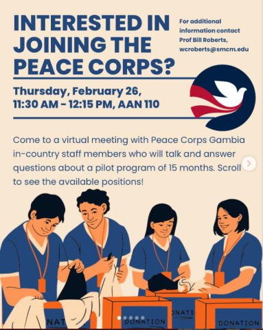A flyer advertising a Peace Corps Gambia virtual meeting on February 26, with illustrated people sorting donations and event contact details.
