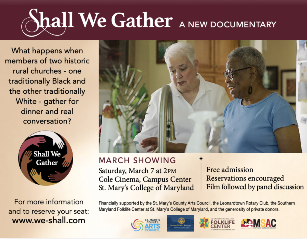 Promotional poster for "Shall We Gather" documentary showing two women conversing in a kitchen, with event details and logos at the bottom.