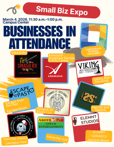 A flyer for the Small Biz Expo on March 4, 2026, lists businesses in attendance with their logos, including SMASHRx, Annmarie Arts Center, Viking Axe, and others.